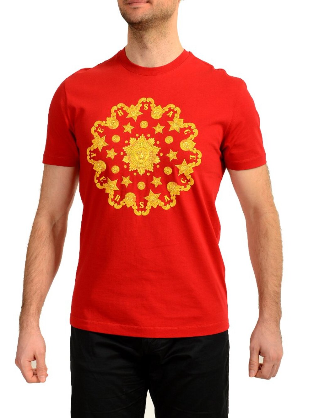 Versace Men's Red Gold Medusa Head Crewneck Short Sleeve T-Shirt US M IT 50